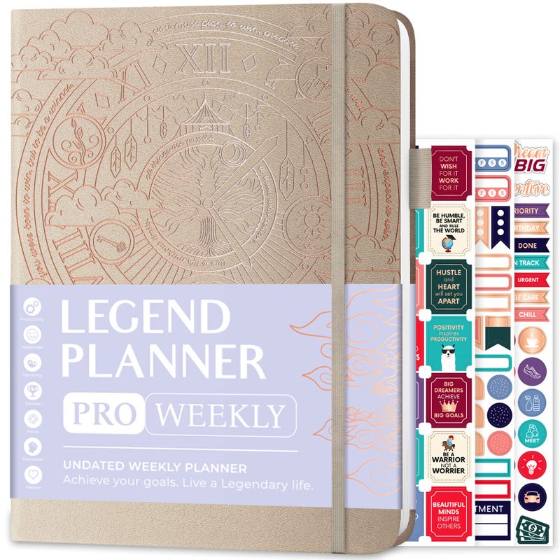 Legend Planner PRO â€“ Deluxe Weekly & Monthly Life Planner to Increase Productivity and Hit Your Goals. Time Management Organizer Notebook â€“ Undated â€“ 7 x 10" Hardcover + Stickers â€“ Seashell - Image 1